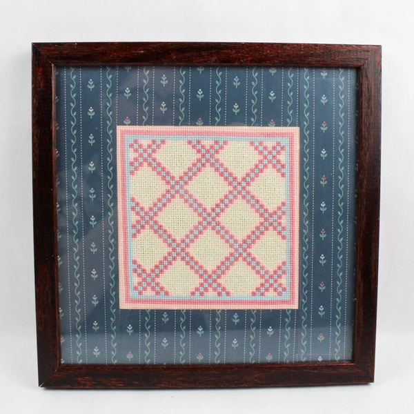 Framed and Matted Pink Blue and White Cross Stitch Square Wall Art