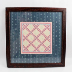 Framed and Matted Pink Blue and White Cross Stitch Square Wall Art