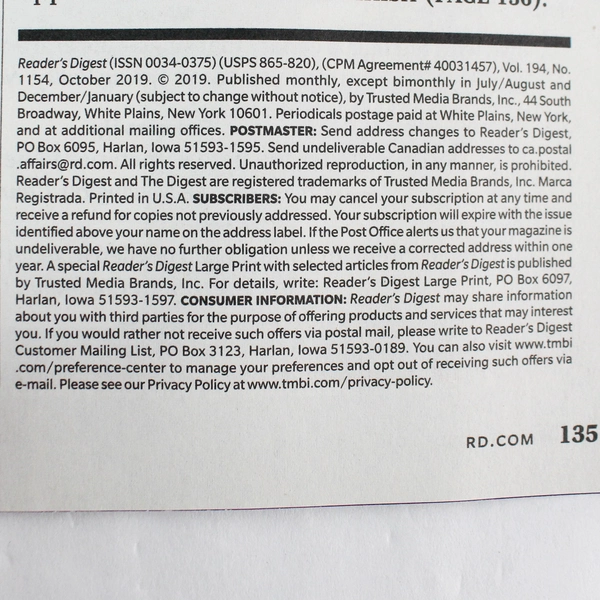 Reader's Digest Magazine October 2019 - 20 Foods That Heal - Very Good Condition