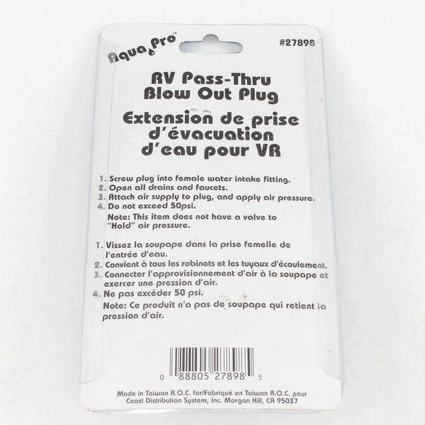 Aqua Pro RV Blow Out Plug 27898 - New in Sealed Packaging
