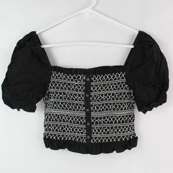 Lost + Wander Black Puff-Sleeve Cropped Top Women's XS
