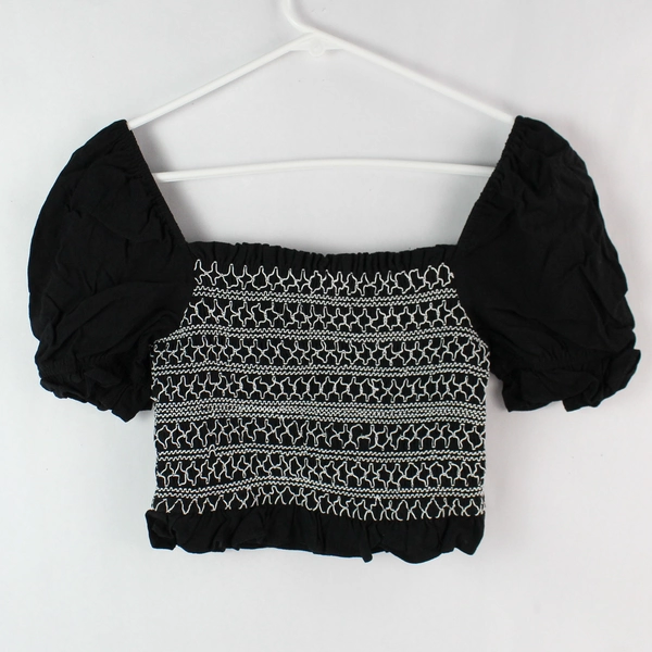 Lost + Wander Black Puff-Sleeve Cropped Top Women's XS