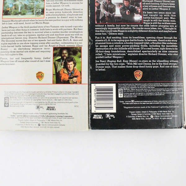 Lot of 2 VHS Tape Movies Lethal Weapon I & II Mel Gibson Danny Glover