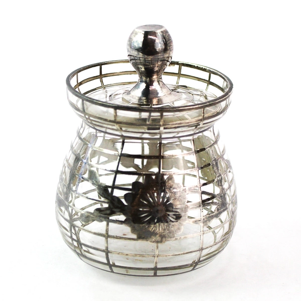 Vintage Silver Tone Metal Overlay Jam Jelly Jar Flowers On Lattice Pattern
