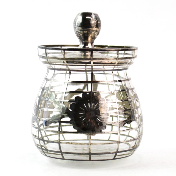 Vintage Silver Tone Metal Overlay Jam Jelly Jar Flowers On Lattice Pattern