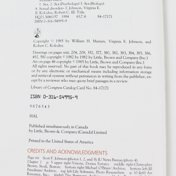 Human Sexuality by Masters Johnson & Kolodny 1985 Second Edition Hardcover