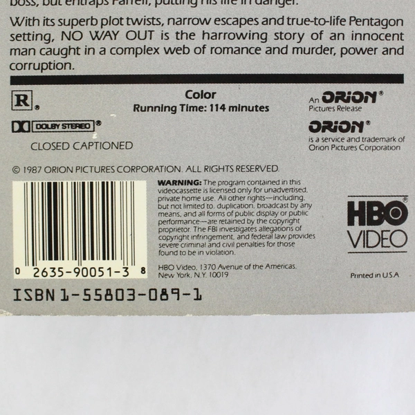 No Way Out VHS Video Kevin Costner Gene Hackman Sean Young 1987