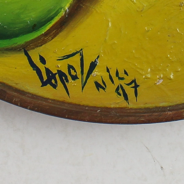 Hand Painted And Signed Round Wood Plaque Fruits And Pots 