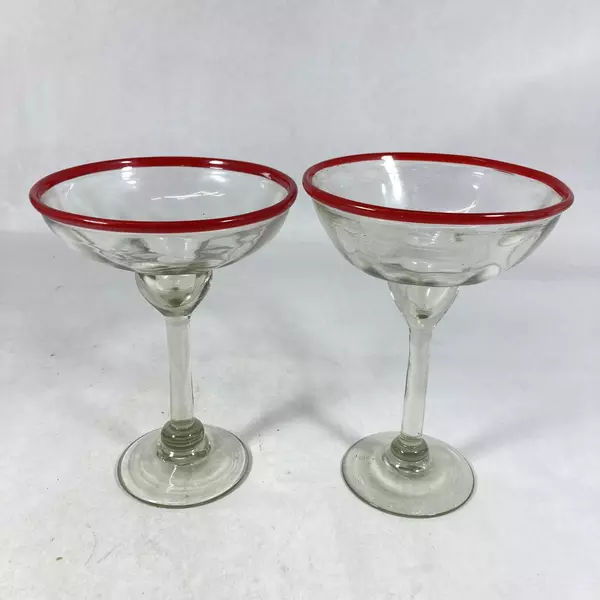 Hand Blown Glass Ruby Rim Margarita Glasses 7 and 7.5 Inch