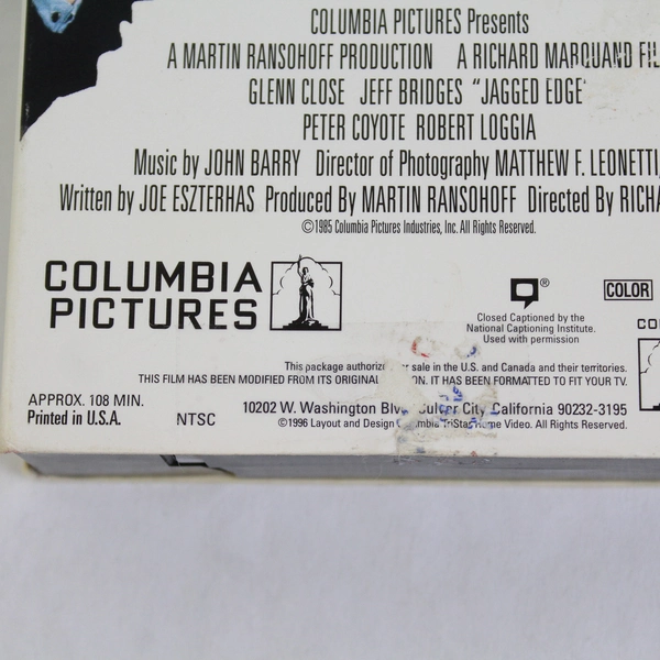 Jagged Edge VHS Video, 1995 Glenn Close Jeff Bridges