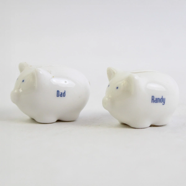 Lot of 2 Miniature Lucky Penny White Ceramic Piggy Banks Randy and Dad