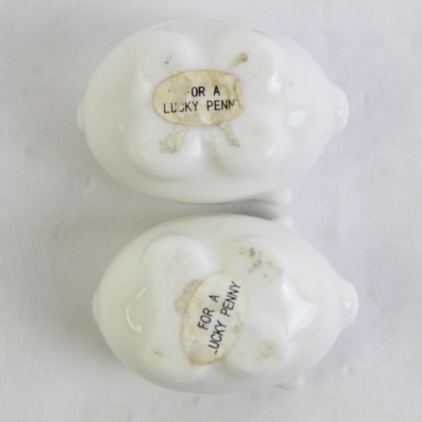 Lot of 2 Miniature Lucky Penny White Ceramic Piggy Banks Randy and Dad