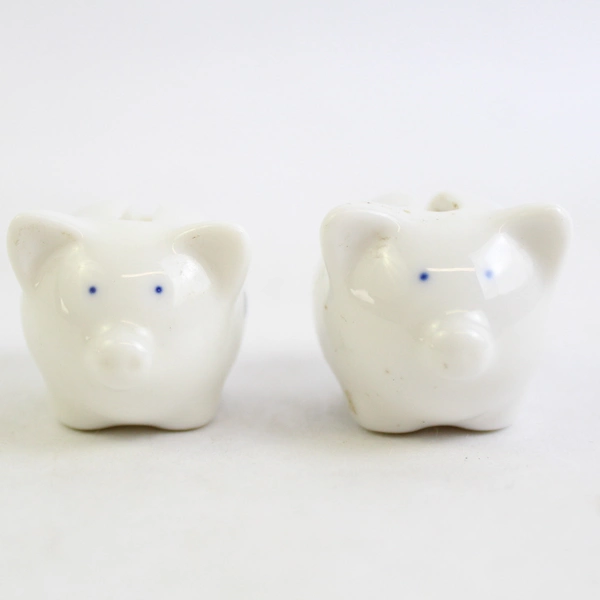 Lot of 2 Miniature Lucky Penny White Ceramic Piggy Banks Randy and Dad