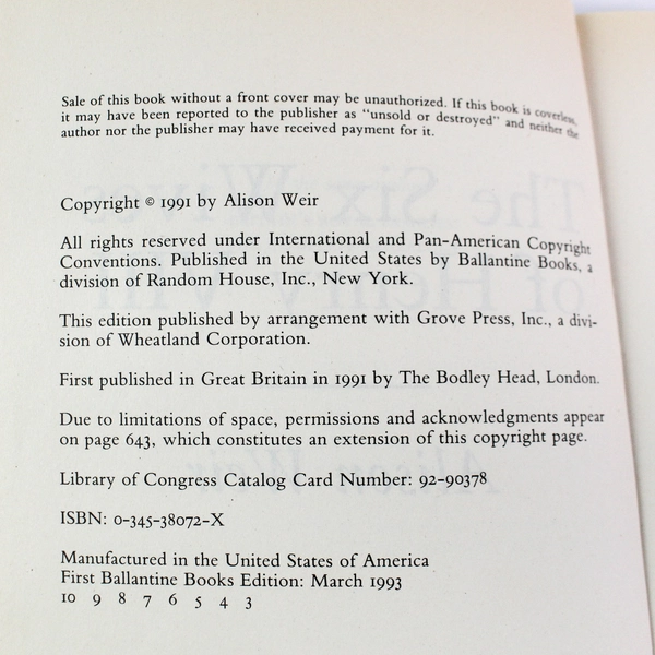 The Six Wives of Henry VIII by Alison Weir 1991 Ballantine Paperback Good