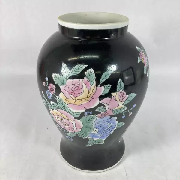 Vintage Hand-Painted Ginger Jar Vase Black Pink Blue Roses 10.25"