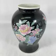 Vintage Hand-Painted Ginger Jar Vase Black Pink Blue Roses 10.25"