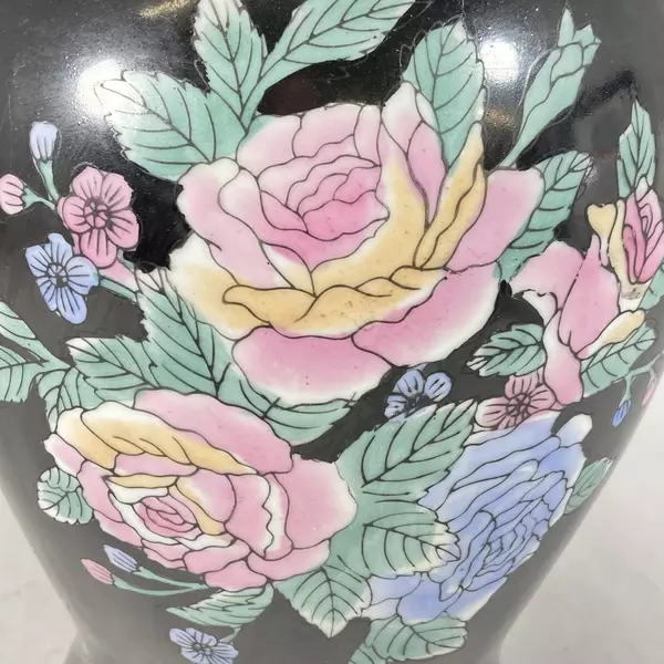 Vintage Hand-Painted Ginger Jar Vase Black Pink Blue Roses 10.25"