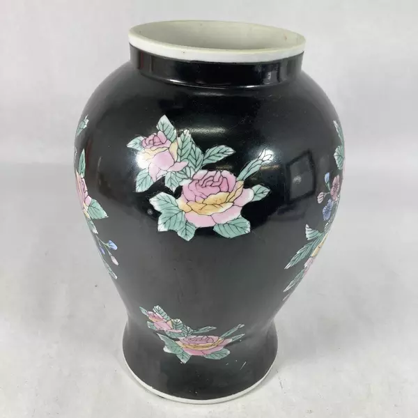 Vintage Hand-Painted Ginger Jar Vase Black Pink Blue Roses 10.25"