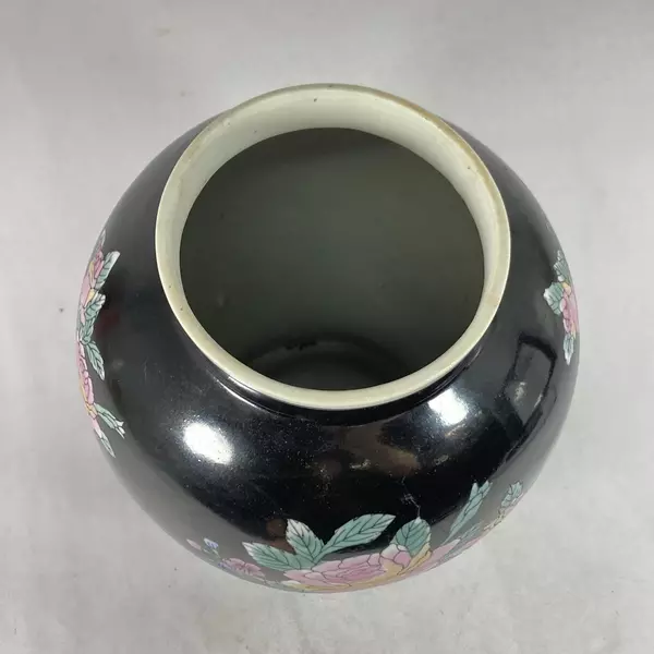 Vintage Hand-Painted Ginger Jar Vase Black Pink Blue Roses 10.25"