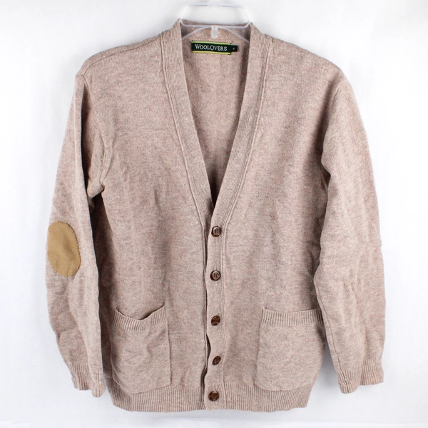Woolovers Beige Button-Front Wool Cardigan Women's Size Small Elbow Patch
