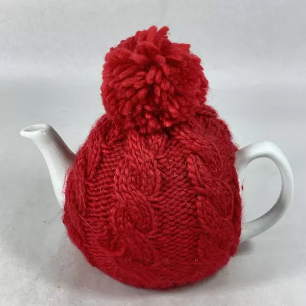 Pier 1 White Ceramic Teapot with Red Cable Knit Cozy Good Condition