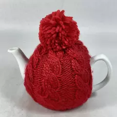 Pier 1 White Ceramic Teapot with Red Cable Knit Cozy Good Condition