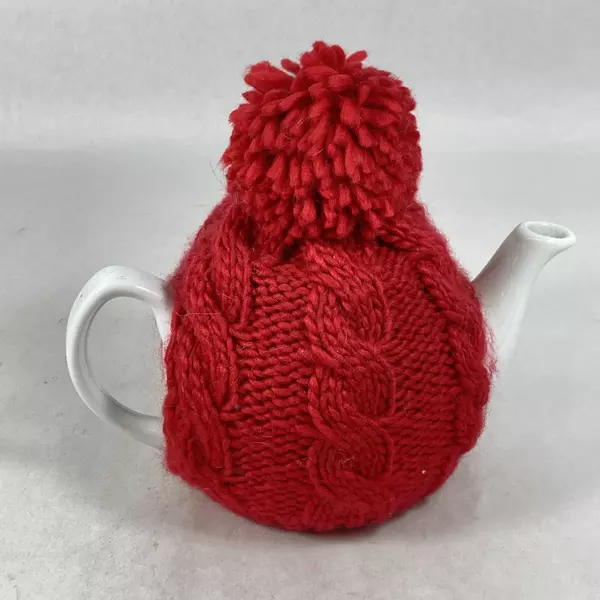 Pier 1 White Ceramic Teapot with Red Cable Knit Cozy Good Condition