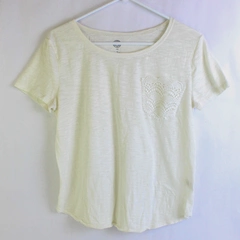 So Relaxed Fit T Shirt Top Women's Size M Beige Short Sleeves Crochet Pocket