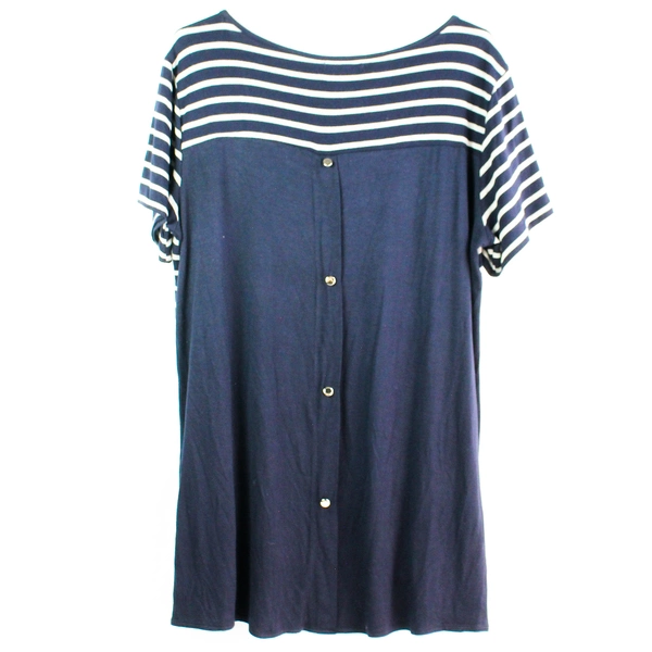Ava James Women's Large Navy Blue Gray Striped T-Shirt with Pockets