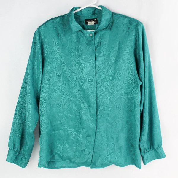 VTG Stanley Blacker Green Paisley Blouse Size 10 with Shoulder Pads
