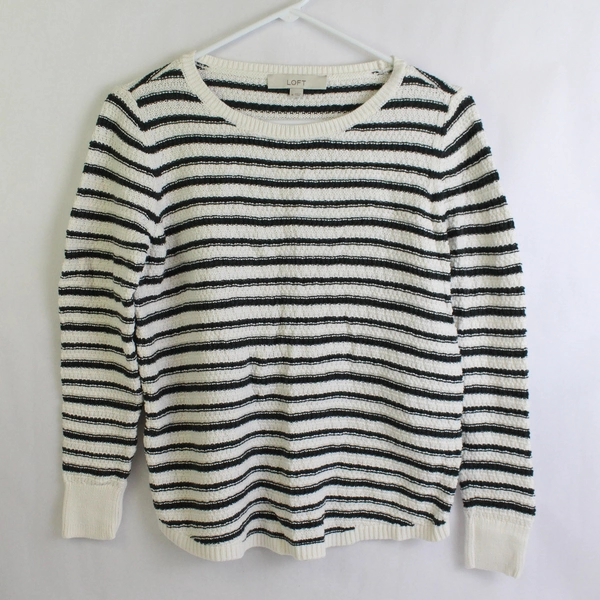 LOFT Women's Sweater Size M White Gray Striped Pullover Knit