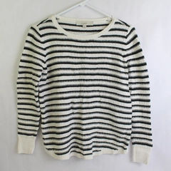 LOFT Women's Sweater Size M White Gray Striped Pullover Knit