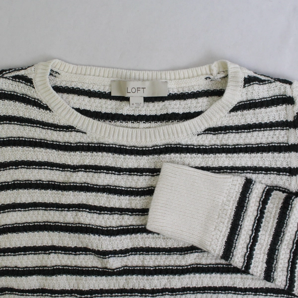 LOFT Women's Sweater Size M White Gray Striped Pullover Knit