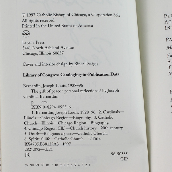 Gift of Peace by Joseph Bernardin 1997 Hardcover - Personal Reflections