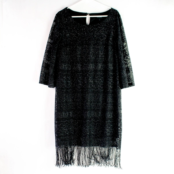 AUW Black Sparkly Fringe Dress 3/4 Sleeve Knee Length Women's Size 16