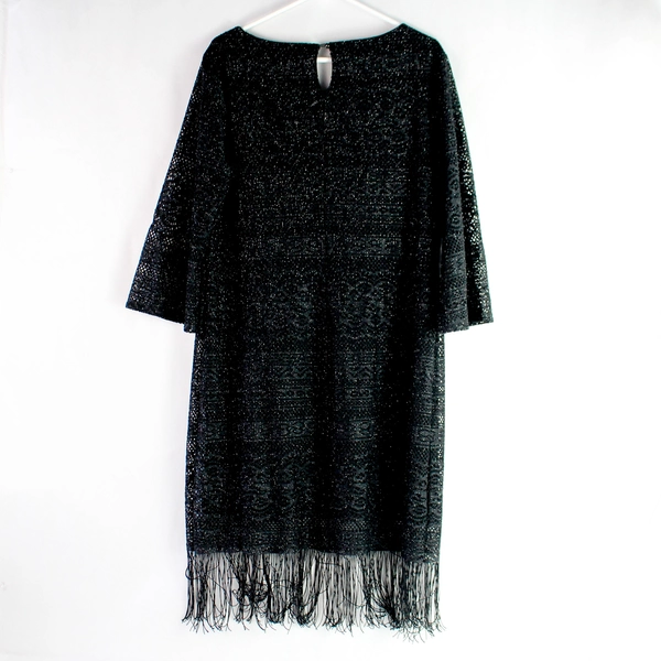 AUW Black Sparkly Fringe Dress 3/4 Sleeve Knee Length Women's Size 16