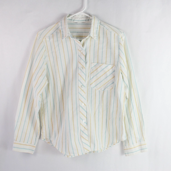 Women's Large White Button-Down Shirt Blue Yellow Stripes Flawed Pre-Owned