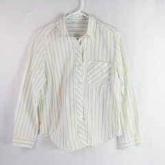 Women's Large White Button-Down Shirt Blue Yellow Stripes Flawed Pre-Owned