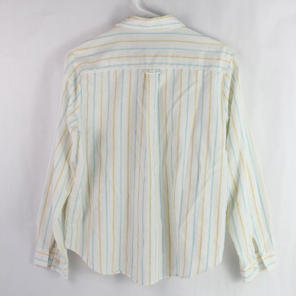 Women's Large White Button-Down Shirt Blue Yellow Stripes Flawed Pre-Owned