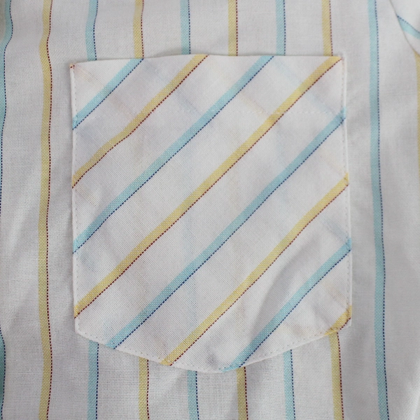 Women's Large White Button-Down Shirt Blue Yellow Stripes Flawed Pre-Owned