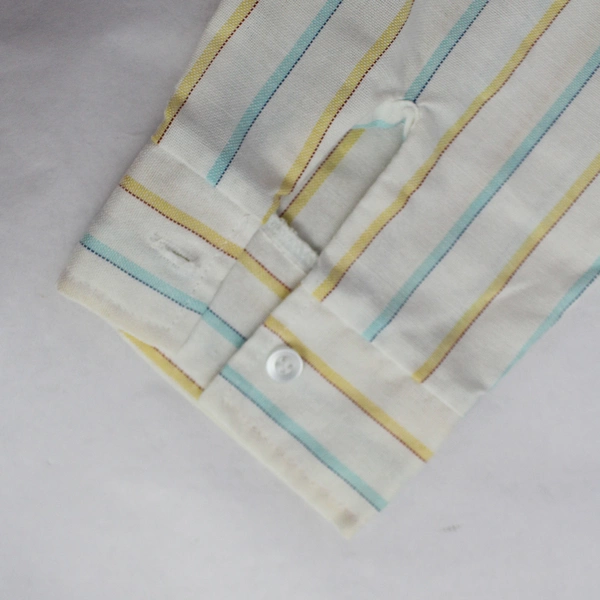 Women's Large White Button-Down Shirt Blue Yellow Stripes Flawed Pre-Owned