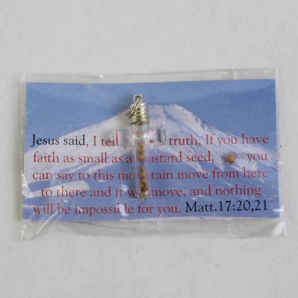 Clear Glass Christian Cross Pendant With Mustard Seeds
