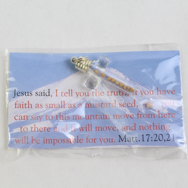 Clear Glass Christian Cross Pendant With Mustard Seeds