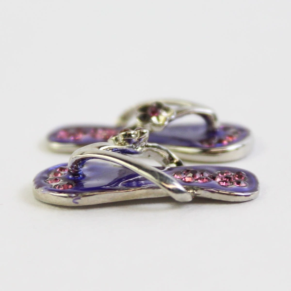 Set of 2 Purple Enamel Flip Flop Necklace Pendants w/ Amethyst Gemstone Flowers