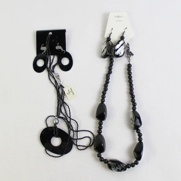 Lot of 2 Black Glass Bead Necklace And Dangle Earring Sets