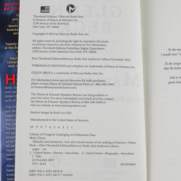 Glenn Beck Miracles and Massacres 2013 Hardcover Book in Good Condition