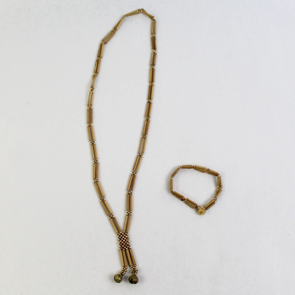 Vintage Bamboo And Gold Bead Necklace And Bracelet Set