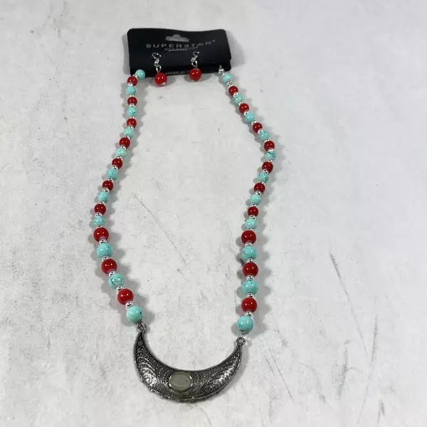 Imitation Turquoise & Red Bead Necklace Set with Silver Tone Moon Accent