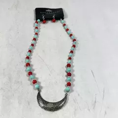 Imitation Turquoise & Red Bead Necklace Set with Silver Tone Moon Accent