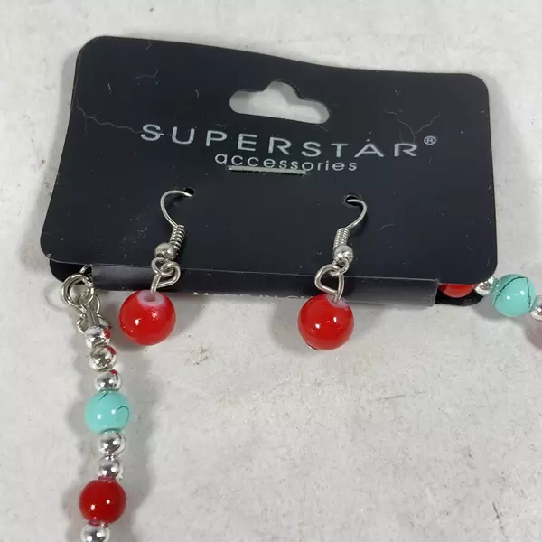 Imitation Turquoise & Red Bead Necklace Set with Silver Tone Moon Accent